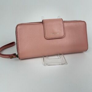 Fossil Pink Leather Logan RFID Zip Around Clutch Wallet Wristlet‎